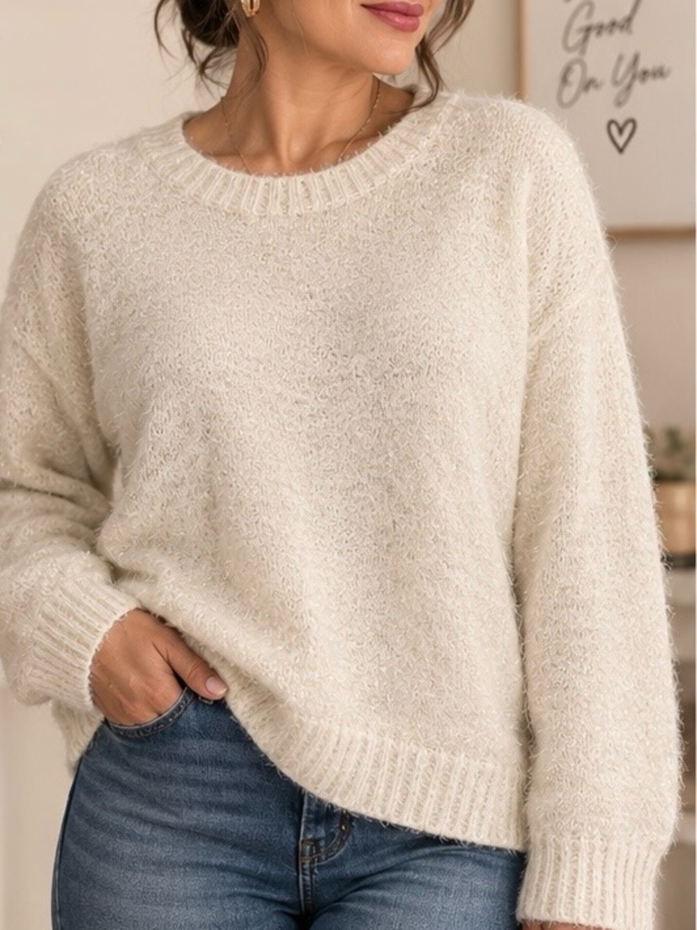 Chelsea & Violet Cozy V-Neck Sweater in Light Cream